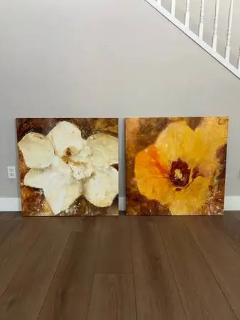 TWO 36x36 (72x36) Large Beige & Brown Magnolia and Hibiscus Floral Textured Art