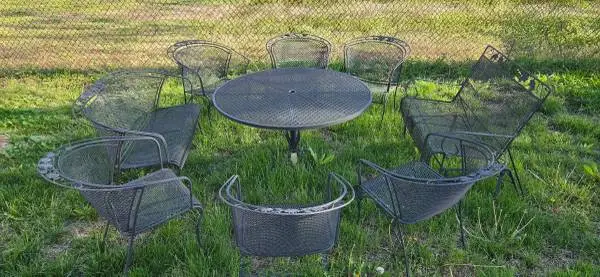 Huge Vintage Woodard Wrought Iron Patio Table, Chairs, Bench & Glider.