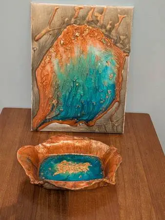 Hand crafted and hand painted clay bowl and canvas signed local artist