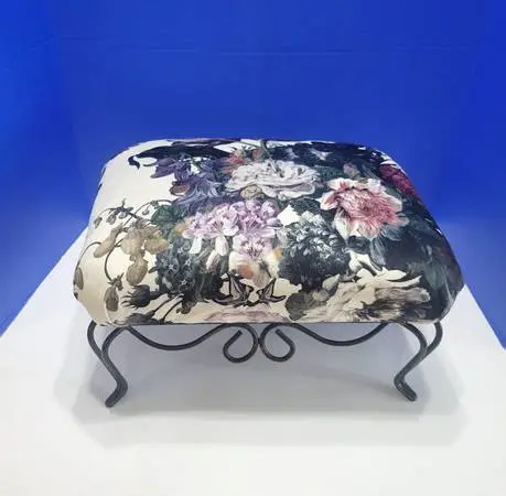 Vintage Black Wrought Iron Footstool w/ Tulips