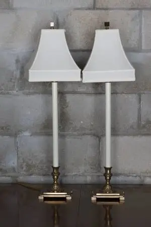 Vintage Pair of Brass & Cream Table Lamps - Ornate Bases, Bell Shades