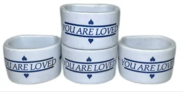 You Are Loved (8) Porcelain Napkin Ring Holders Blue-White