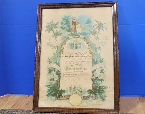 Antique 1918 German Baptism Certificate 16.75 x 11 5/8