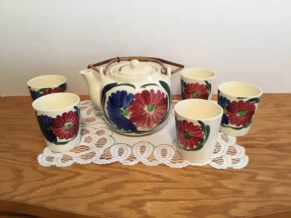 Teapot & Five Cups ~ Cobalt Blue & Dark Rose Dahlias Hand Painted Japa