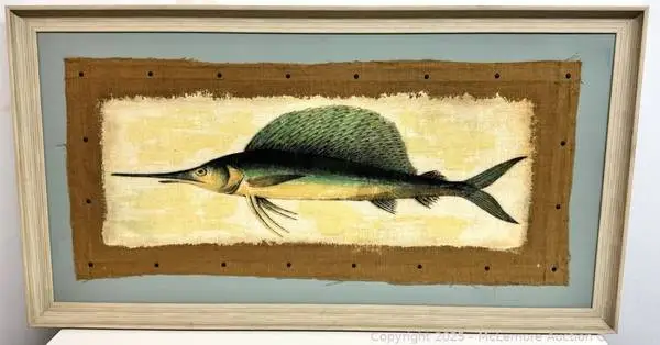 Mixed Media Artwork Swordfish  Wood Framed Picture on Burlap--64x35