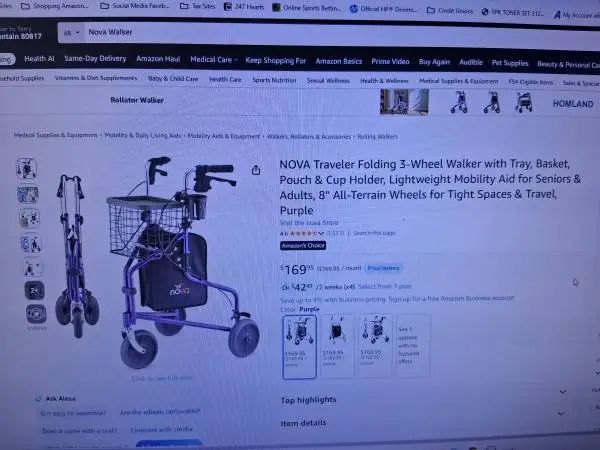 NOVA Traveler Folding 3-Wheel Walker with Tray, Basket, Pouch & Cup Ho