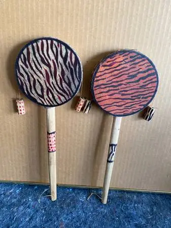 Set of 2 Vintage 9” Leather Hide Wood Handle Tribal Spin Drums