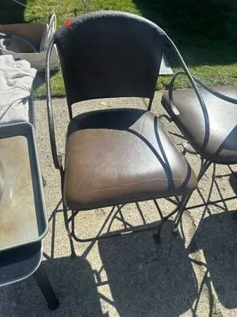 3 Vintage, rustic, hand-forged wrought iron chairs with brown leather