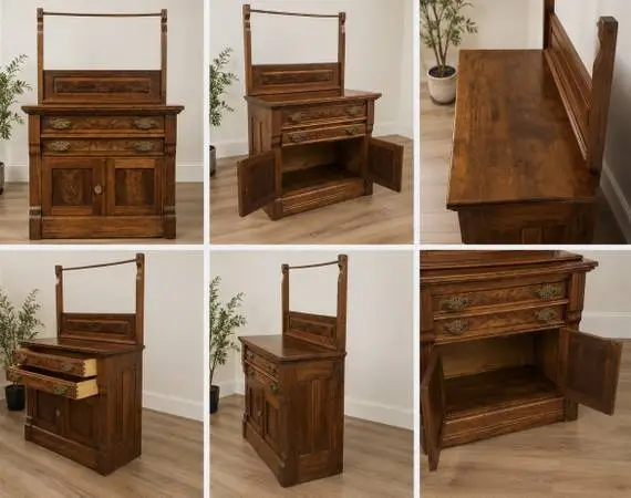 Antique Tiger Oak Washstand / Sideboard Cabinet