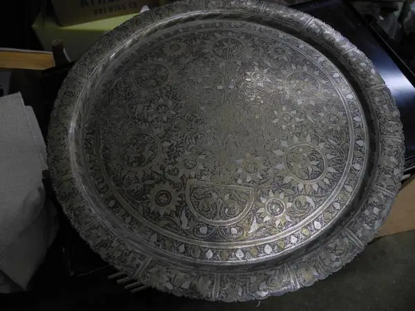 Serving platter brass & inlaid silver?  Look