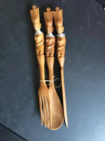 Vintage 15” African Ladies Serving Cutlery Utensils with Carved Figure