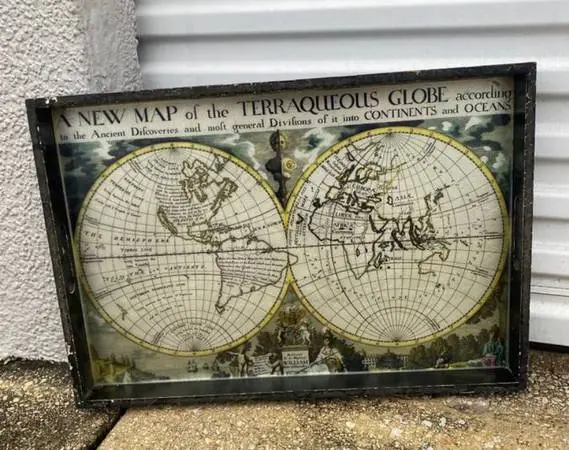 Wells Antique World Map of the Terraqueous Globe Vintage Glass Tray