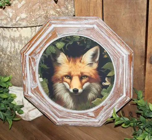 Rustic Woodland Fox Farmhouse Wall Decor Picture in VTG Octagon Frame
