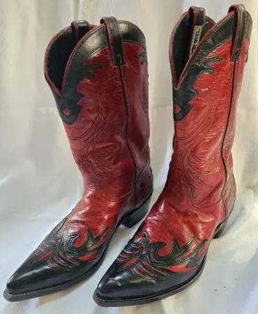 Mens Code West Black & Red Leather Western Cowboy Boots, Size 11.5 M