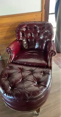 Authentic Hancock and Moore Red Leather Lounge Chair and Ottoman Set