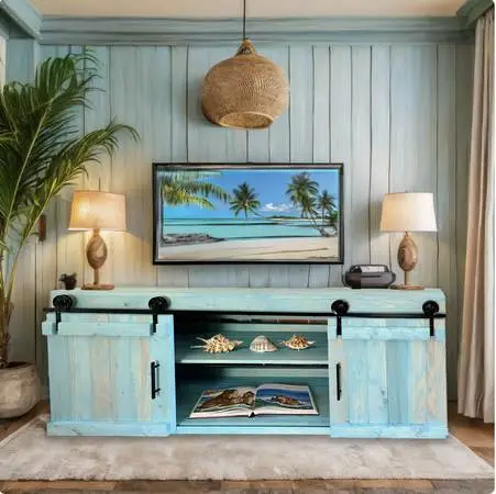 >>Blue Ocean Beach Coastal TV Stand Console Table with Barn Doors