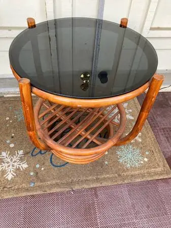 Vintage Smoky Glass Top Round Bentwood Rattan Bamboo Coffee/Side Table
