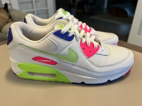 Nike Air Max 90 White Indigo Burst Volt Neon Womens Sz 8