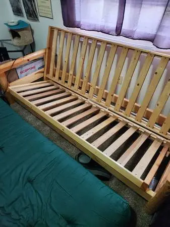 Solid Wood Futon Frame w/ Mattress & Green Cover – Heavy Duty