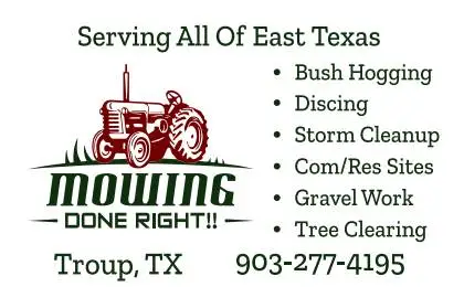 Mowing, discing, lot cleanup, etc.. Mowing Done Right