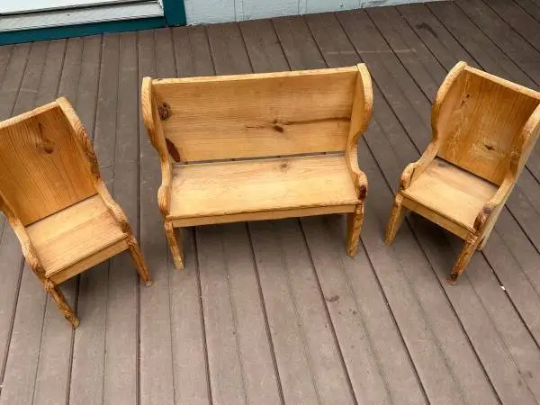All wood doll bench and two chairs