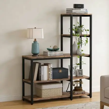 Metal and wood L-shaped bookcase