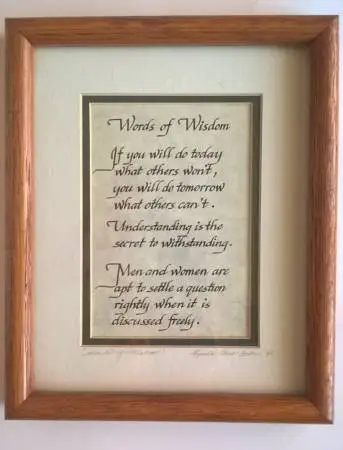 Calligraphy framed wall art Words Of Wisdom oak wood frame signed