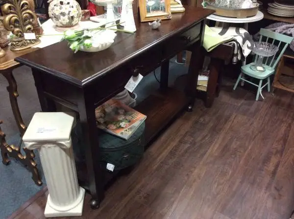 HIGH-END DARK STAIN INDUSTRIAL CONSOLE TABLE ON WHEELS W/2 DRAWERS