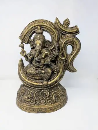 15.5 Vintage Cast-Brass Statue: Ganesha Idol within Aum (India)