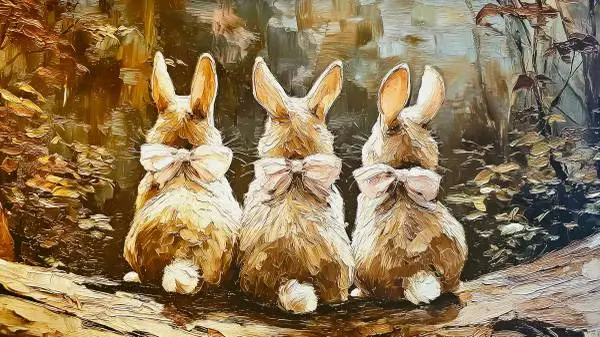 Painting/Picture of Bunnies  with Pink Bows and Cotton Tails