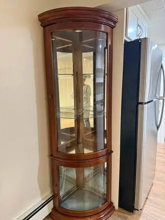 Curved Glass Oak Curio Corner Cabinet, Double Lighted (Paid $1,000)