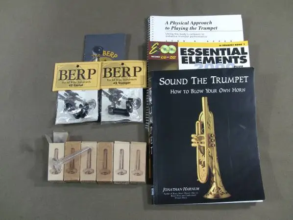 Trumpet/Cornet lot: BERP, Vintage Glastex mouthpieces, books