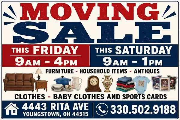 MOVING SALE – FRIDAY & SATURDAY – YOUNGSTOWN
