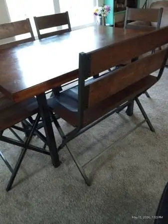Reduced. Solid Wood and Steel Dining Table set. 36 high.