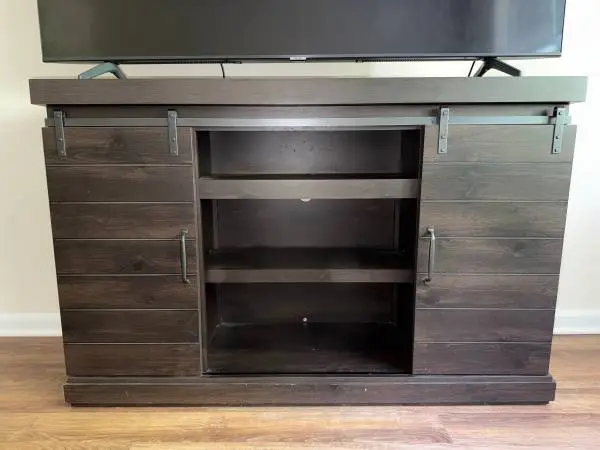 Raymour & Flanigan Dark Brown TV Stand with Sliding Barn Doors