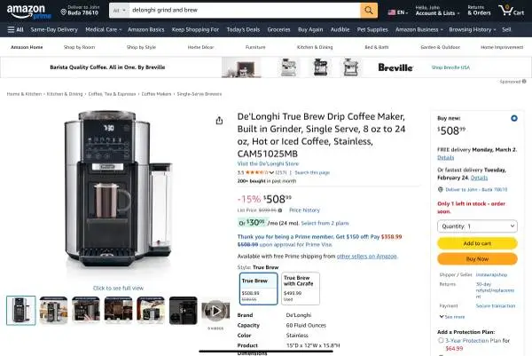 New, unused, DeLonghi ® Stainless TrueBrew ™ Automatic Coffee Maker w