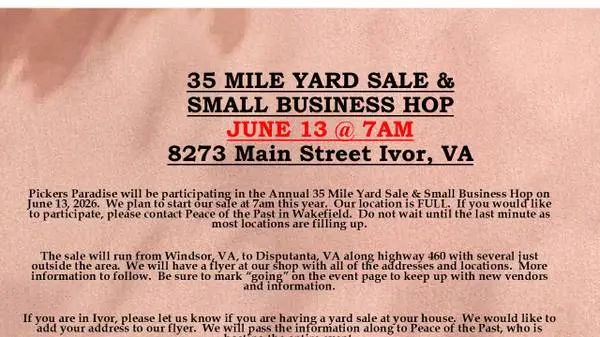 JUNE 13 - The 35 Mile Yard Sale & Shop Hop