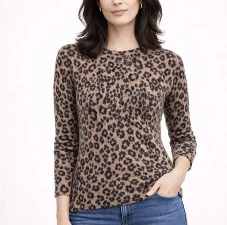 Charter Club 100% Cashmere Sweater Women Small Tan Leopard Print Pullo