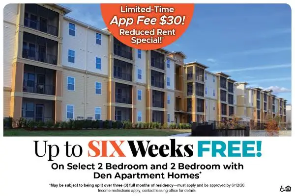 Up to Six Weeks Free on Select 2 Bedroom and 2 Bedroom with Den Apts*
