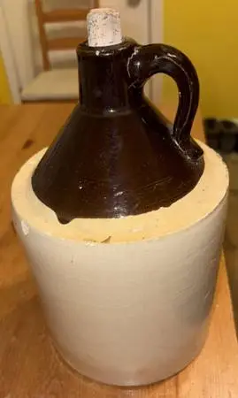 Antique Stoneware Whiskey Moonshine Jug 2 Tone Brown, 10 in Tall