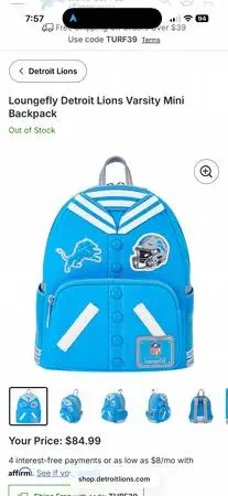 I am searching for Detroit Lions Varsity style mini Loungfly Backpack