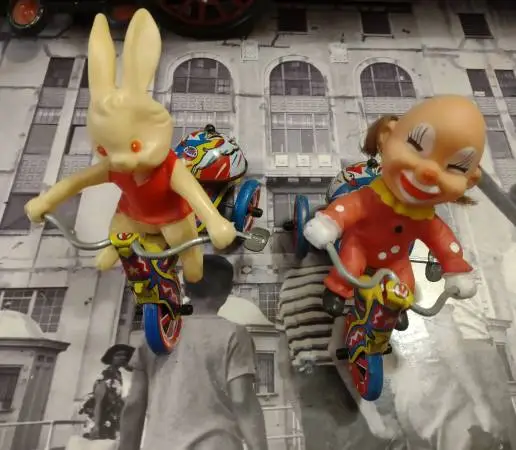 Vintage Wind Up Rabbit and Clown on a Trike Toy