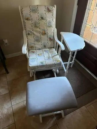 Dutailier White Wood Glider Rocking Chair with Foot Rest - Side Table