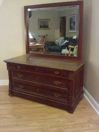 Eastlake Cherry Wood Marble Top Dresser w/ Full Mirror