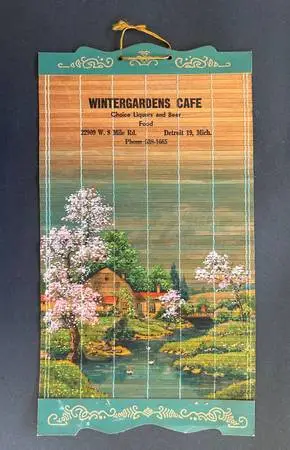 1950s Wintergardens Cafe Scrolled painted wood ad tapestry DETROIT 8 M