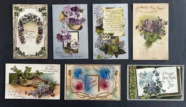 Seven Very Old Happy New Year Postcards: Floral Designs
