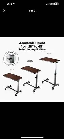Over the bed or chair portable adjustable height table top with wheels