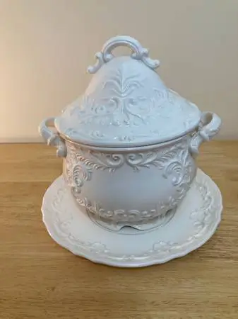 Ceramic White Footed Soup Tureen/ Bowel with Lid, & Plate
