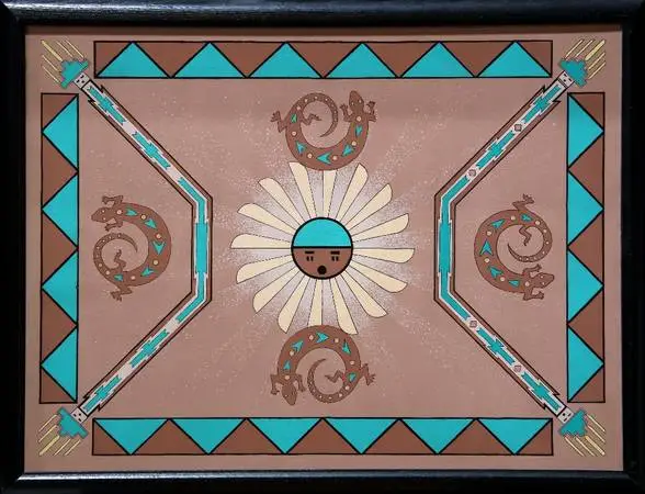 Oil on canvas painting (43x33) with Navajo motifs of sun and lizards
