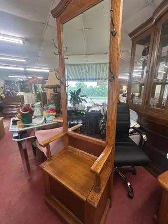 Vintage Oak Hall Tree with Mirror & Storage Bench
